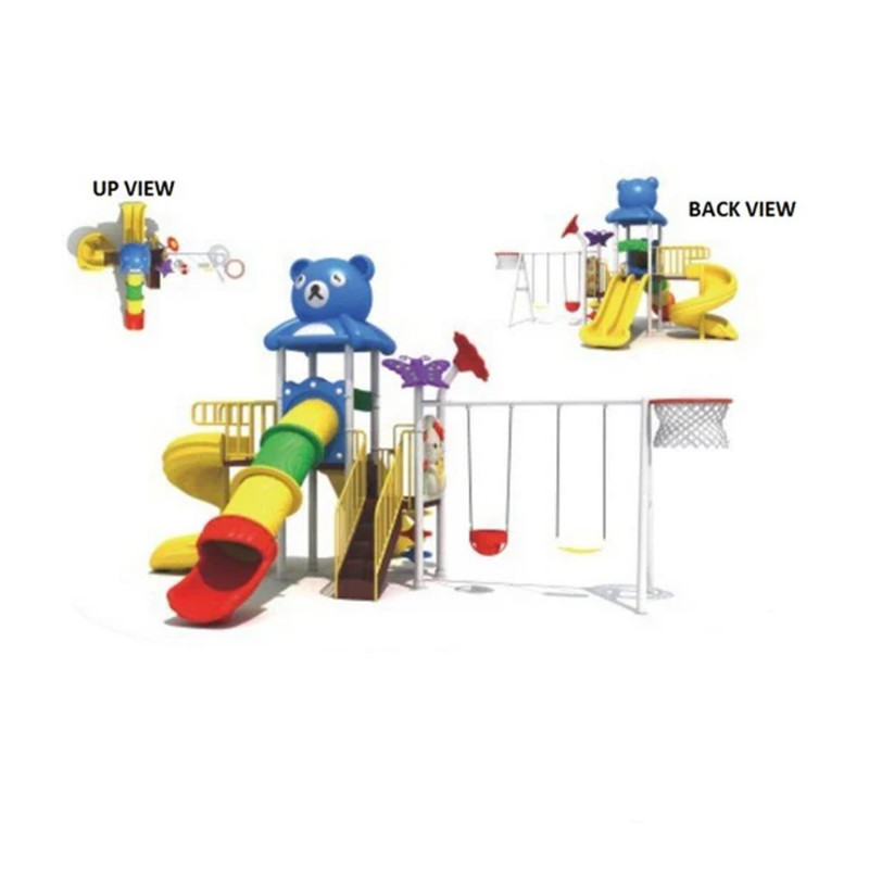 Three slides and two swings with basketball net playground- Gold-18010